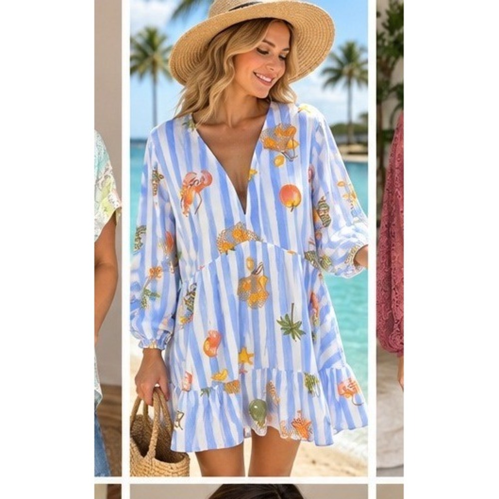 Label of Love Blue White Striped Beach Print Babydoll Mini Dress/cover up XL